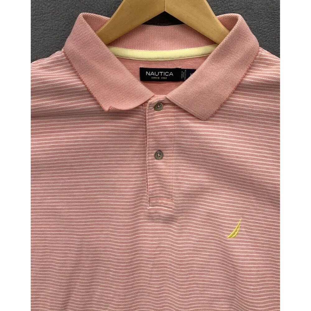 Nautica Polo Shirt 1/4 Button Men's Size XL Pink Stiped Short Sleeve 100% Cotton
